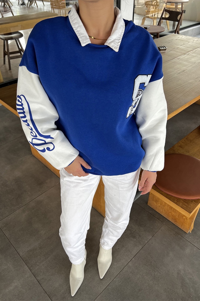 Mavi Kolu Baskılı Oversize Sweat ATE2518 - 2