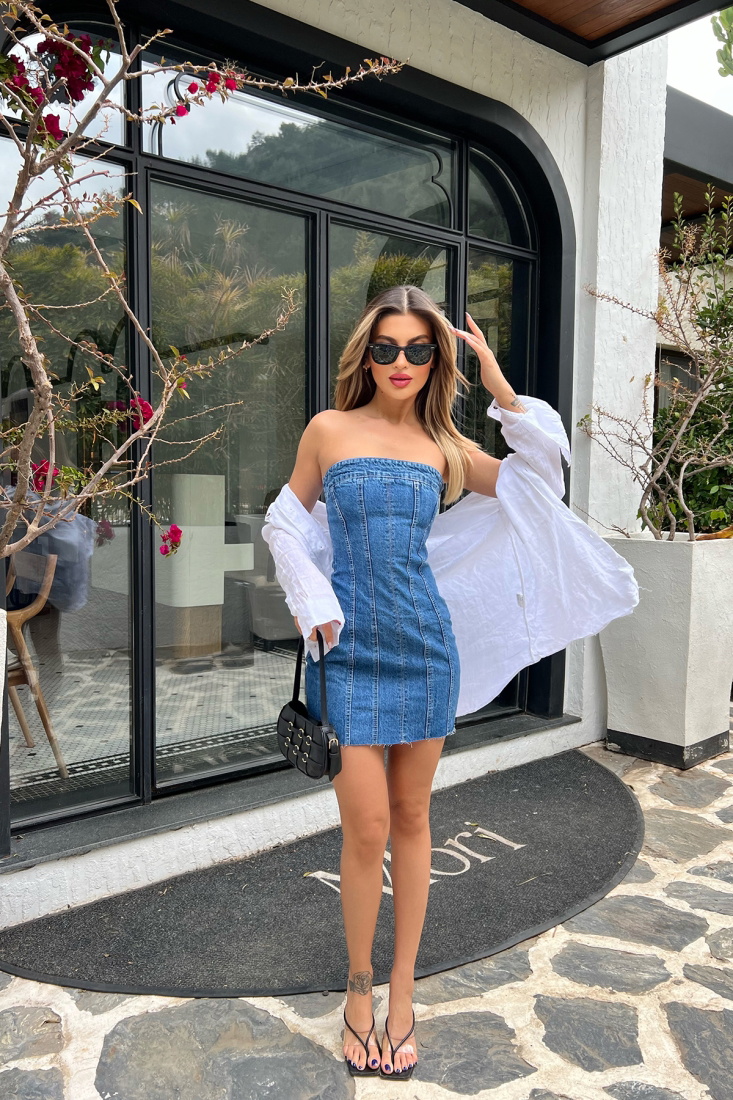 Mavi Kot Straplez Mini Elbise ATE4528 - EYYO