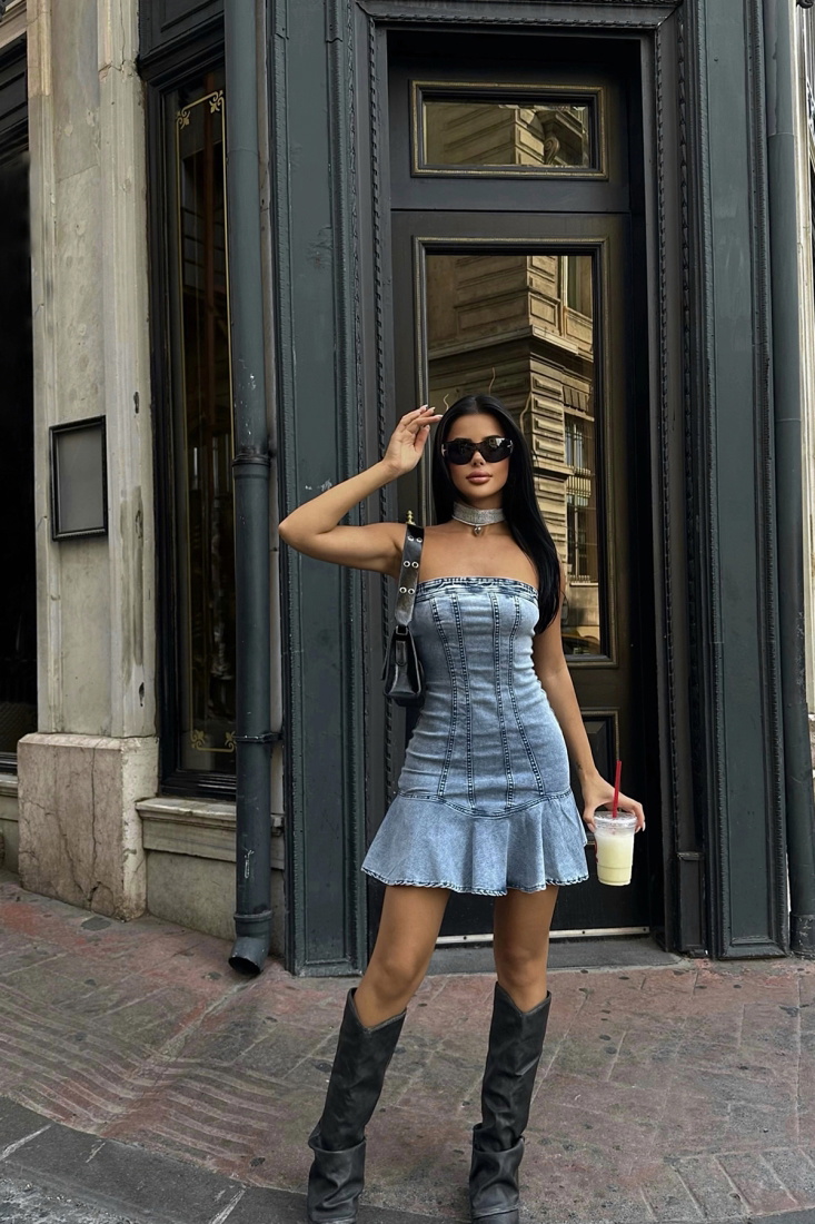 Mavi Kot Straplez Mini Elbise ATE8235 - EYYO