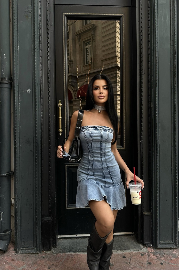 Mavi Kot Straplez Mini Elbise ATE8235 - EYYO