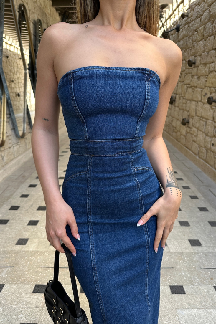 Mavi Kot Straplez Uzun Elbise ATE6195 - EYYO