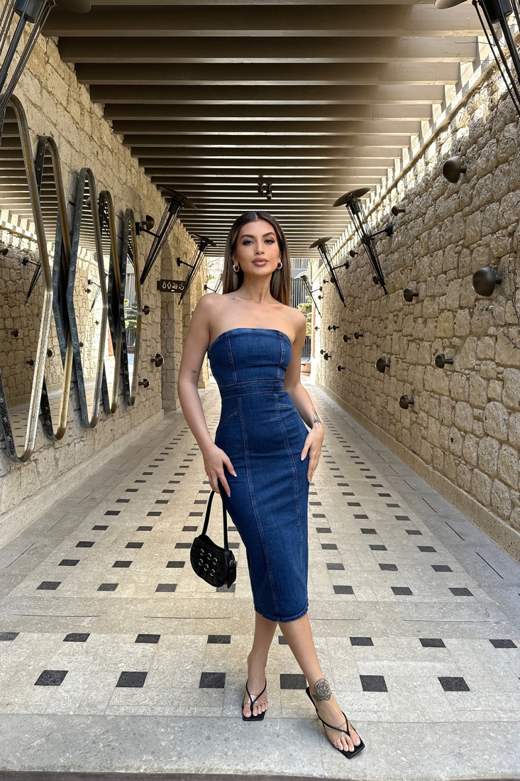 Mavi Kot Straplez Uzun Elbise ATE6195 - EYYO