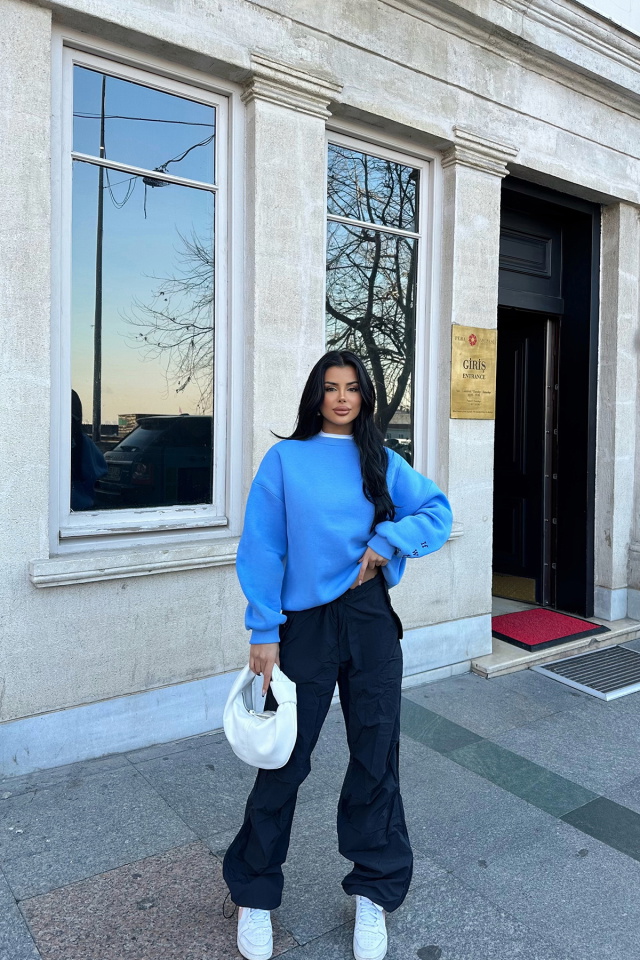 Mavi Nakış Detay Oversize Sweat ATE-0529 - 4