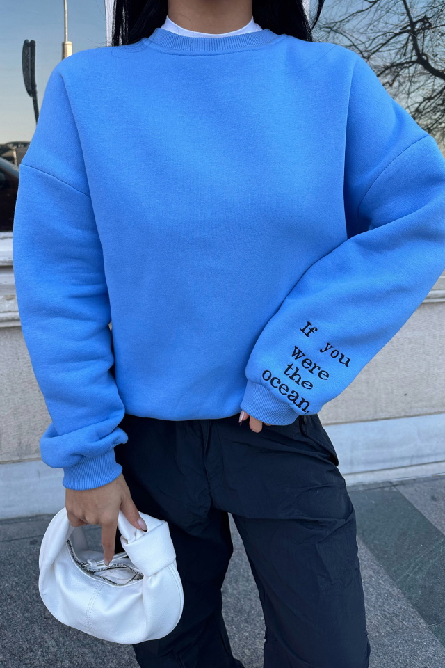 Mavi Nakış Detay Oversize Sweat ATE-0529 - 2