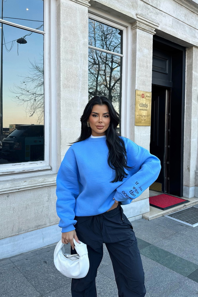 Mavi Nakış Detay Oversize Sweat ATE-0529 - 3