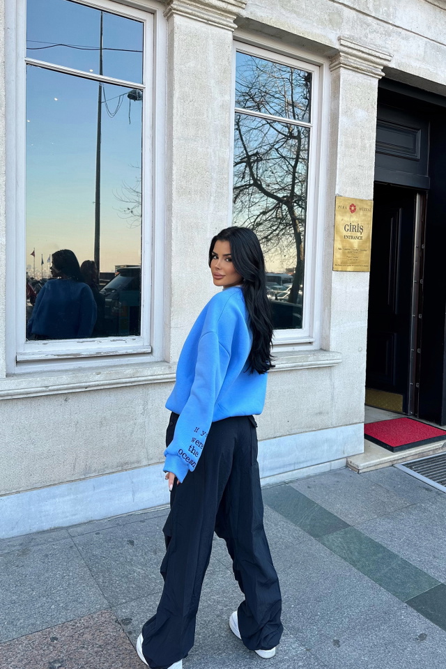 Mavi Nakış Detay Oversize Sweat ATE-0529 - 5