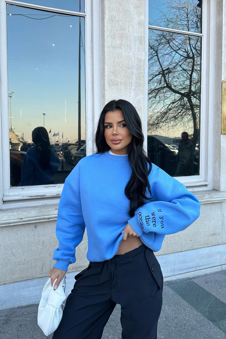 Mavi Nakış Detay Oversize Sweat ATE-0529 - EYYO