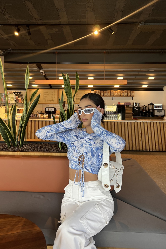 Mavi Önden Bağlamalı Crop Top ATE3343