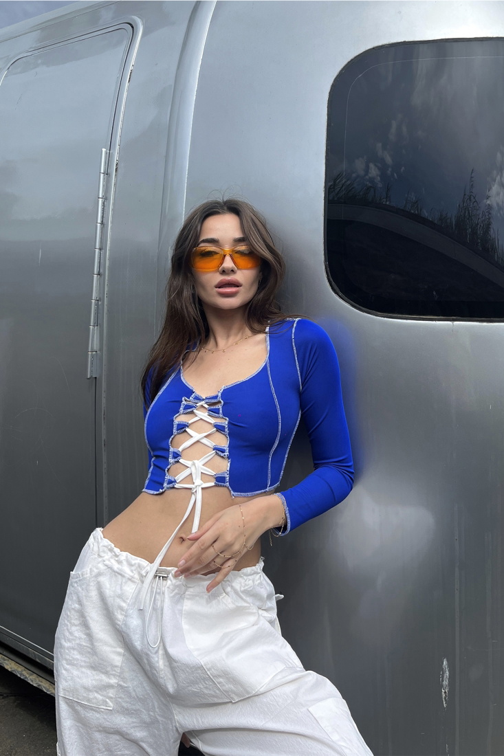 Mavi Önden Bağlamalı Crop Top ATE6516 - EYYO