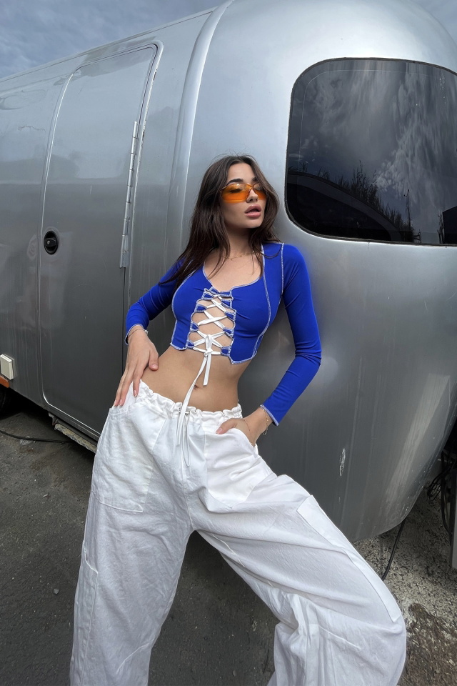 Mavi Önden Bağlamalı Crop Top ATE6516