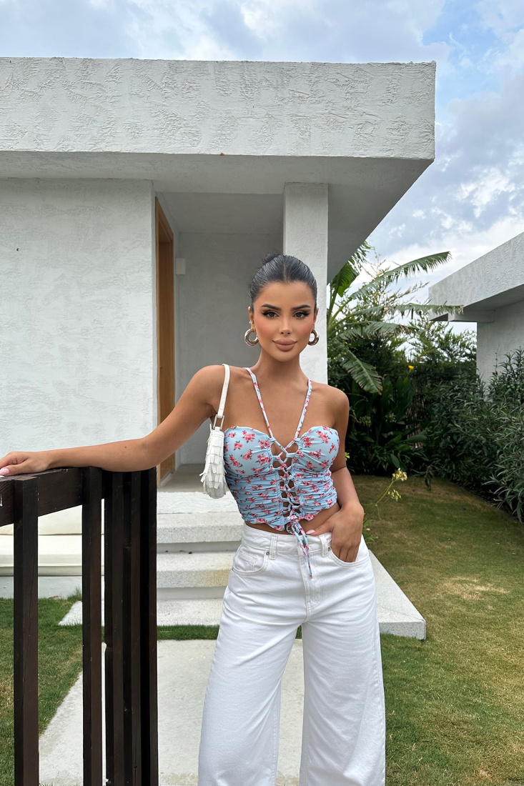 Mavi Önden Bağlamalı Crop Top ATE7888 - EYYO