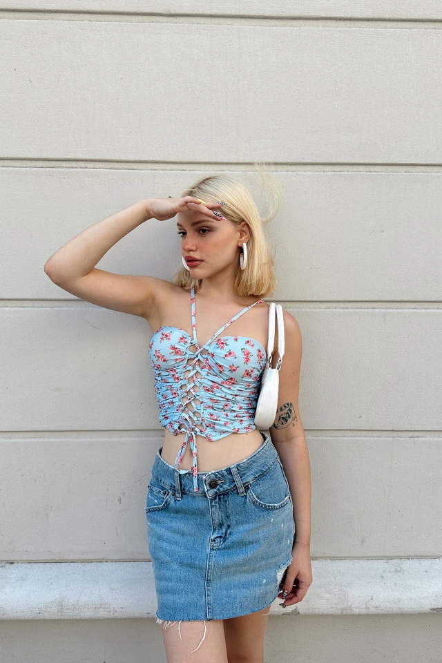 Mavi Önden Bağlamalı Crop Top ATE7888