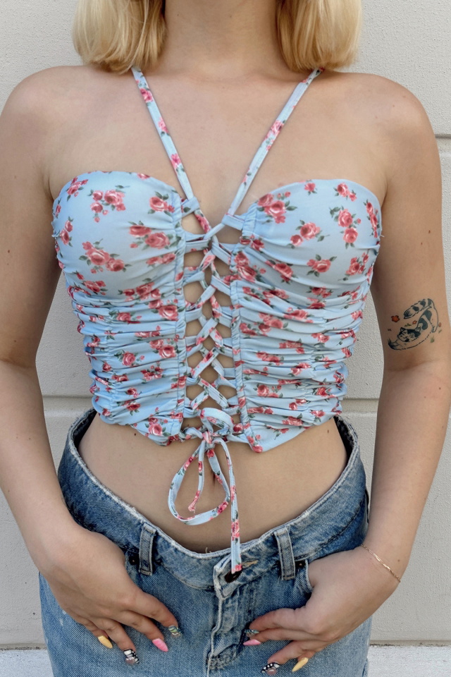 Mavi Önden Bağlamalı Crop Top ATE7888