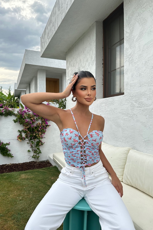Mavi Önden Bağlamalı Crop Top ATE7888