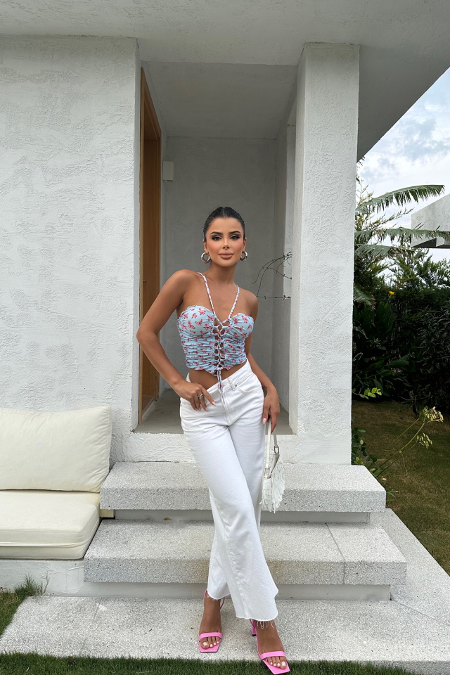 Mavi Önden Bağlamalı Crop Top ATE7888