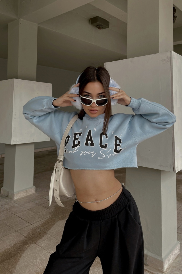 Mavi Önü Baskılı Crop Top ATE3445