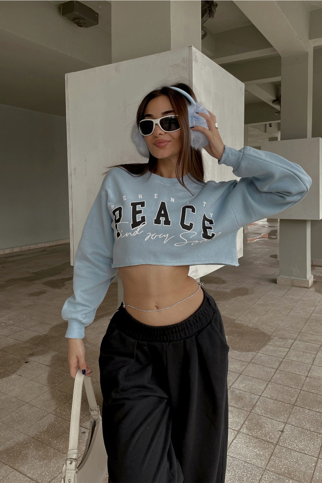Mavi Önü Baskılı Crop Top ATE3445