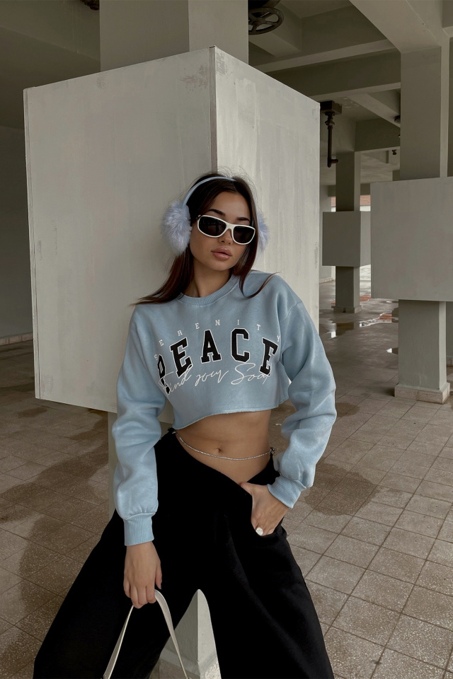 Mavi Önü Baskılı Crop Top ATE3445