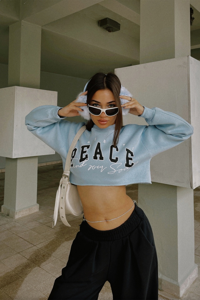 Mavi Önü Baskılı Crop Top ATE3445 - 