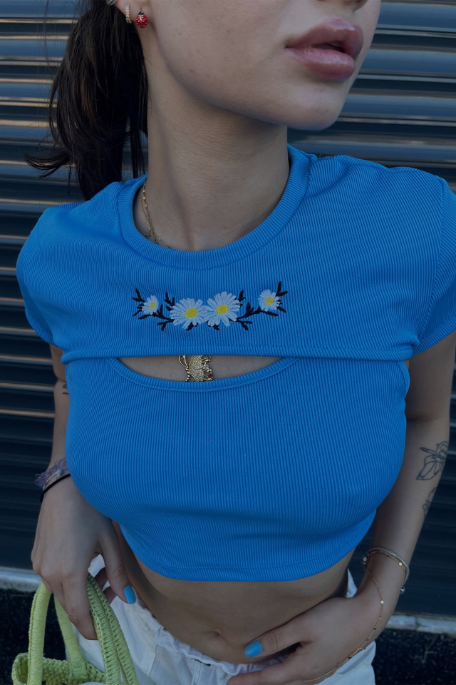 Mavi Önü Baskılı Crop Top ATE4960 - 2
