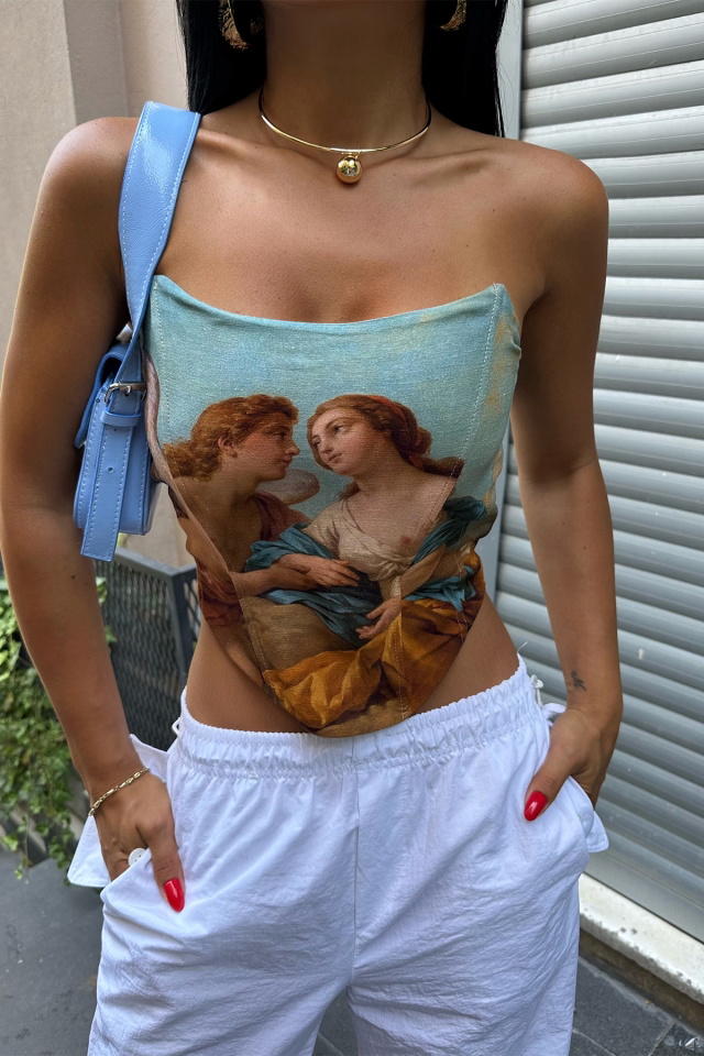 Mavi Önü Baskılı Straplez Crop Top