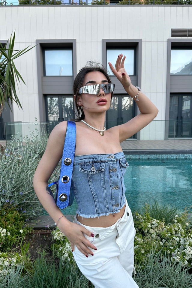 Mavi Önü Düğmeli jean Crop Top ATE7146 - 3