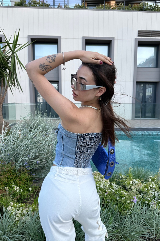 Mavi Önü Düğmeli jean Crop Top ATE7146 - 5
