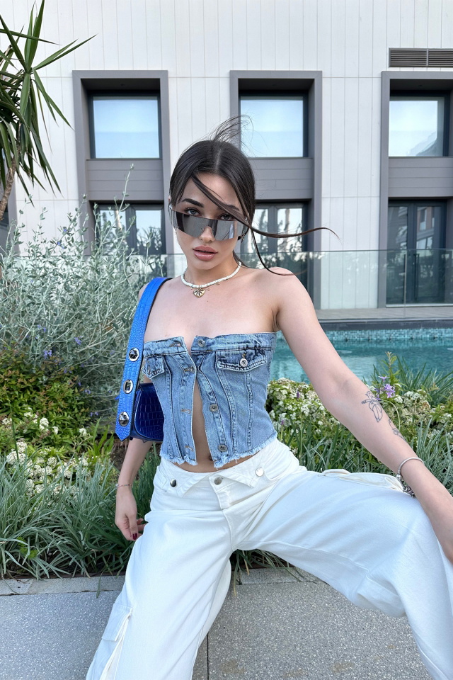 Mavi Önü Düğmeli jean Crop Top ATE7146 - 1