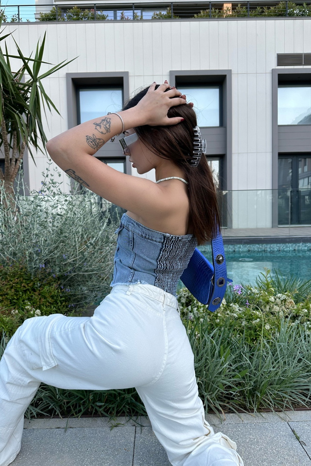 Mavi Önü Düğmeli jean Crop Top ATE7146 - 6