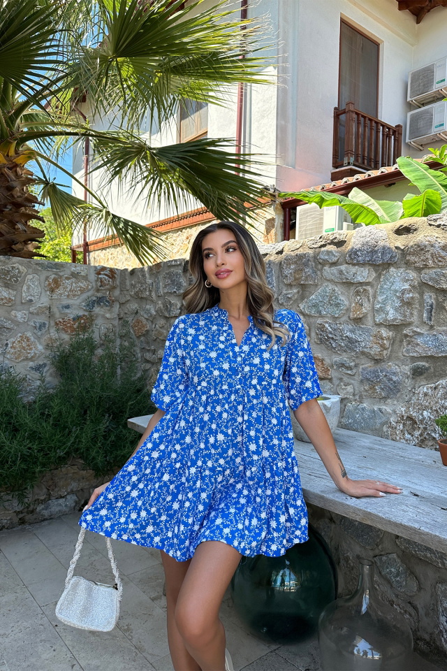 Mavi Önü Düğmeli Mini Elbise ATE7248 - 1