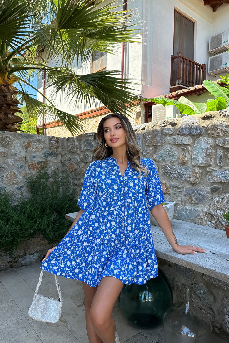 Mavi Önü Düğmeli Mini Elbise ATE7248 - EYYO