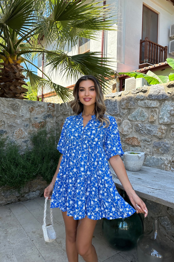 Mavi Önü Düğmeli Mini Elbise ATE7248 - EYYO