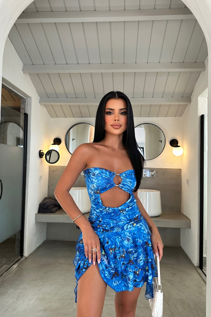 Mavi Pencere Detay Mini Elbise ATE8166 - EYYO