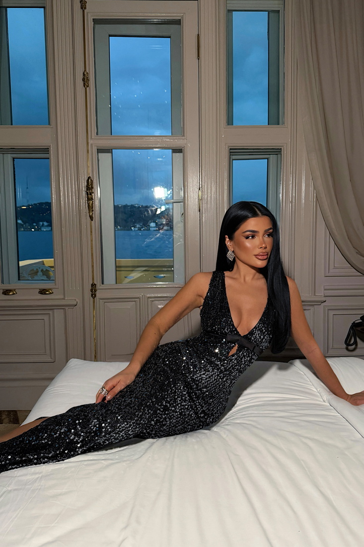 Mavi Loretta Uzun Payetli Elbise ATE-4551 - EYYO