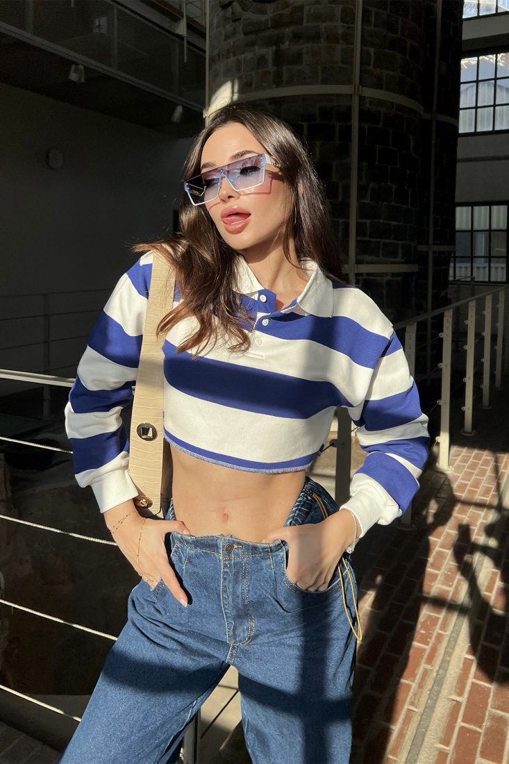 Mavi Şerit Detay Crop Top ATE3099 - EYYO