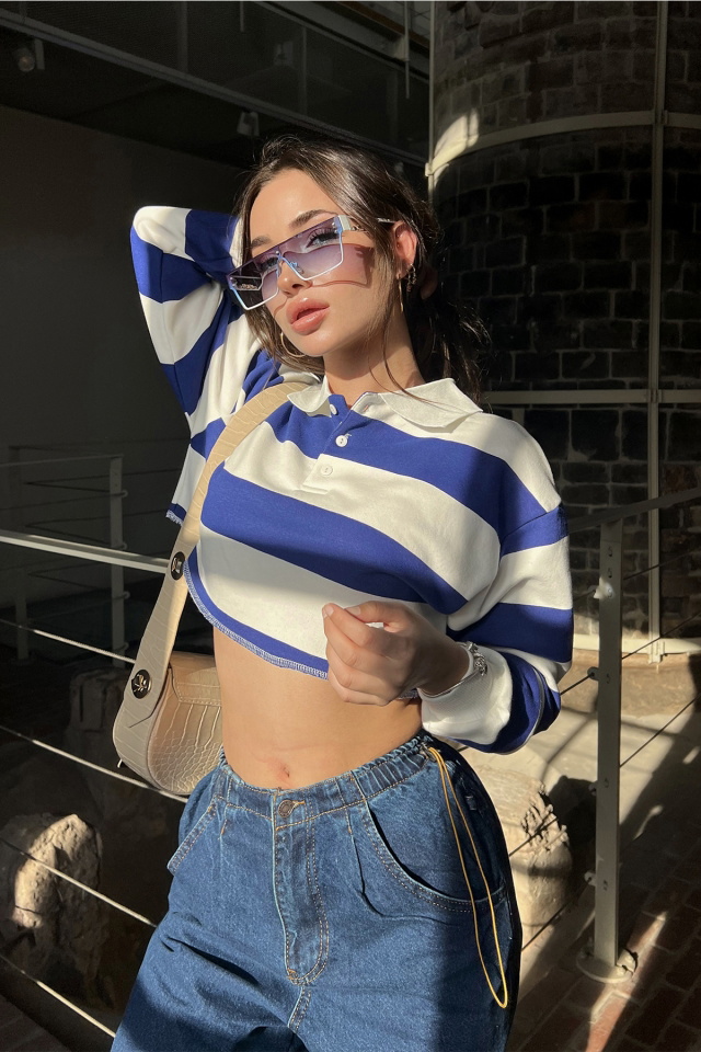 Mavi Şerit Detay Crop Top ATE3099 - 2