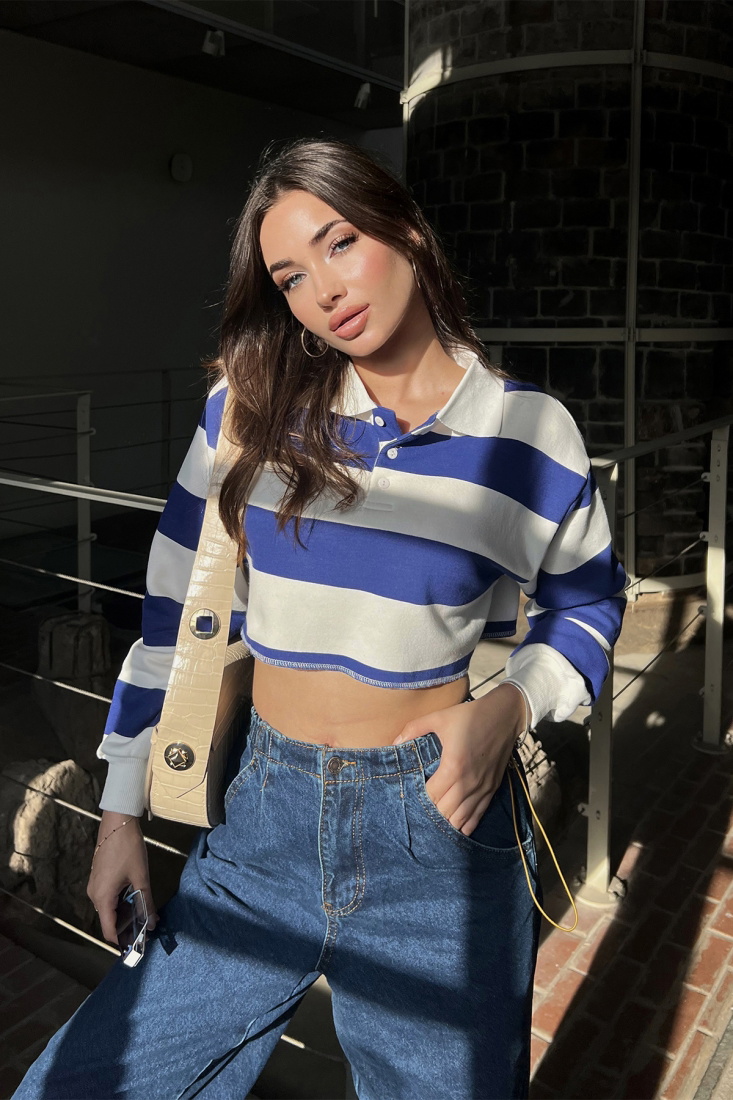 Mavi Şerit Detay Crop Top ATE3099 - EYYO