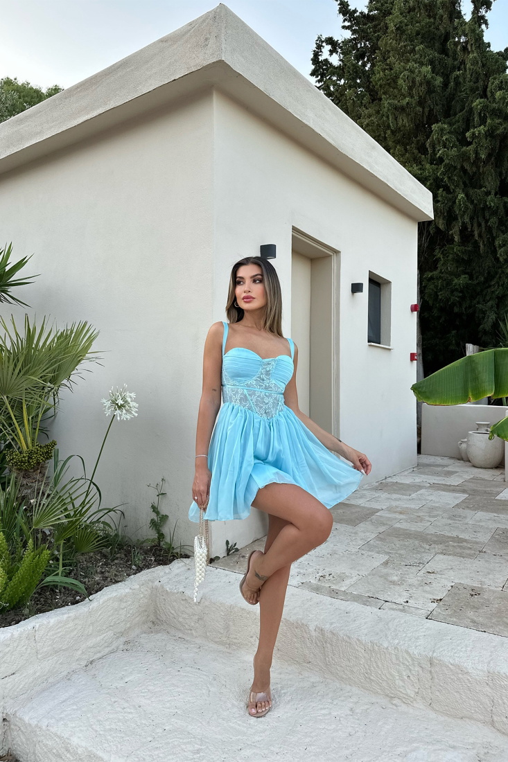 Mavi Tül Detay Mini Elbise ATE7472 - EYYO