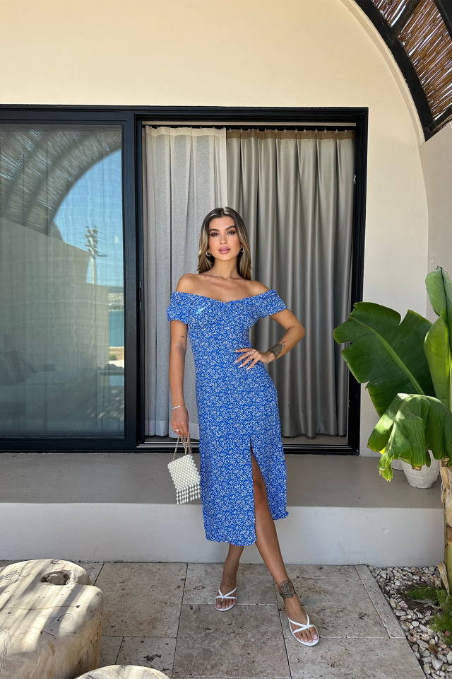 Mavi Yırtmaç Detay Uzun Elbise ATE7525 