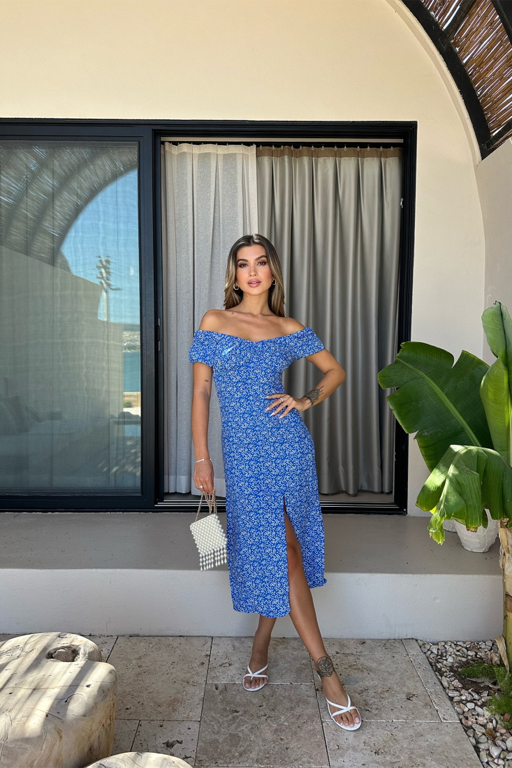 Mavi Yırtmaç Detay Uzun Elbise ATE7525 - EYYO