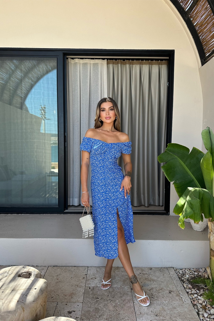 Mavi Yırtmaç Detay Uzun Elbise ATE7525 - EYYO