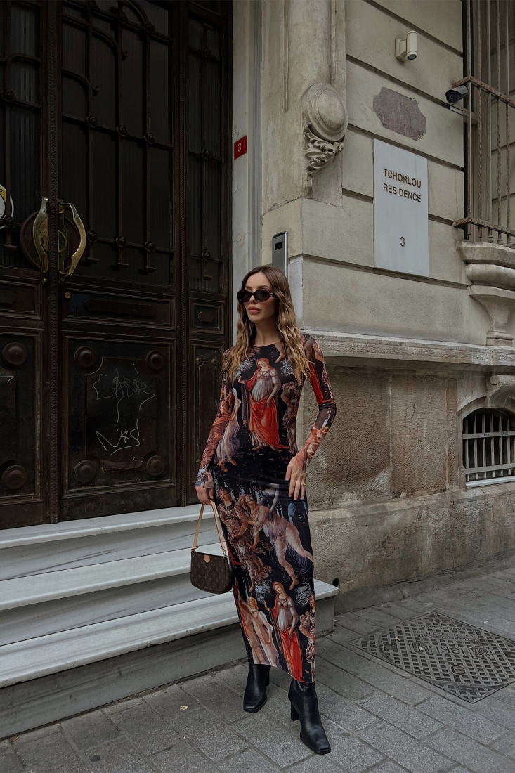 Maxi Boy Desenli Elbise ATE4444 - EYYO