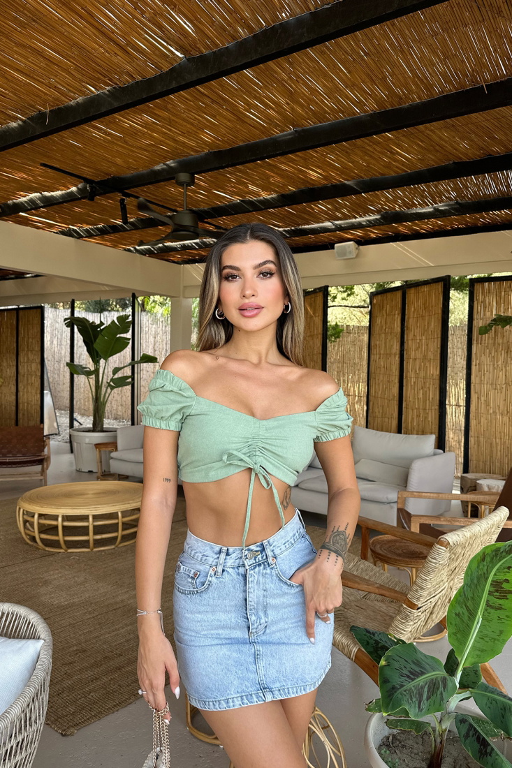 Mint Yeşili Önden Bağlamalı Crop Top ATE7478 - EYYO