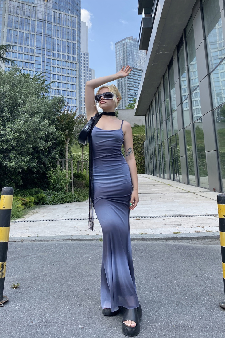 Mor Askılı Uzun Elbise ATE7426 - EYYO