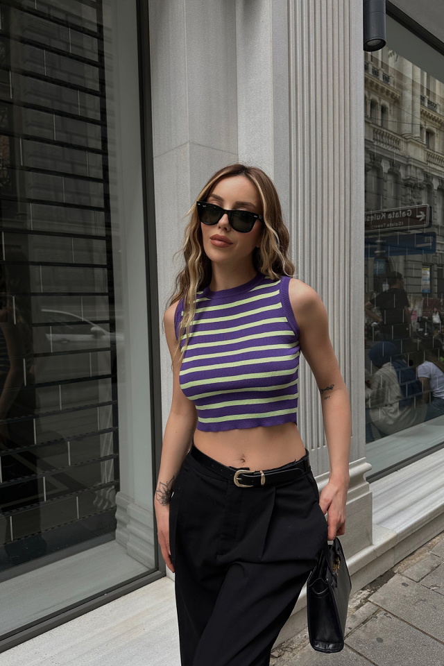 Mor Çizgili Crop Top ATE6888 - 2