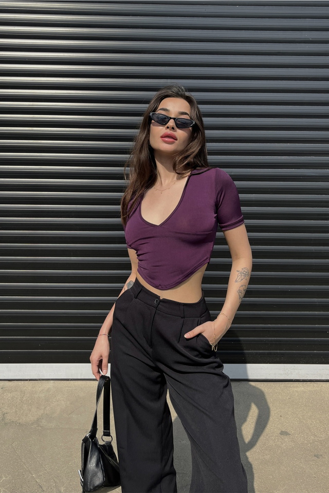 Mor Gömlek Yaka Crop Top ATE6480