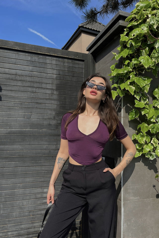 Mor Gömlek Yaka Crop Top ATE6480
