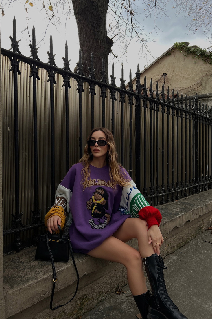 Mor Holıday Baskılı Sweat ATE2972 - EYYO