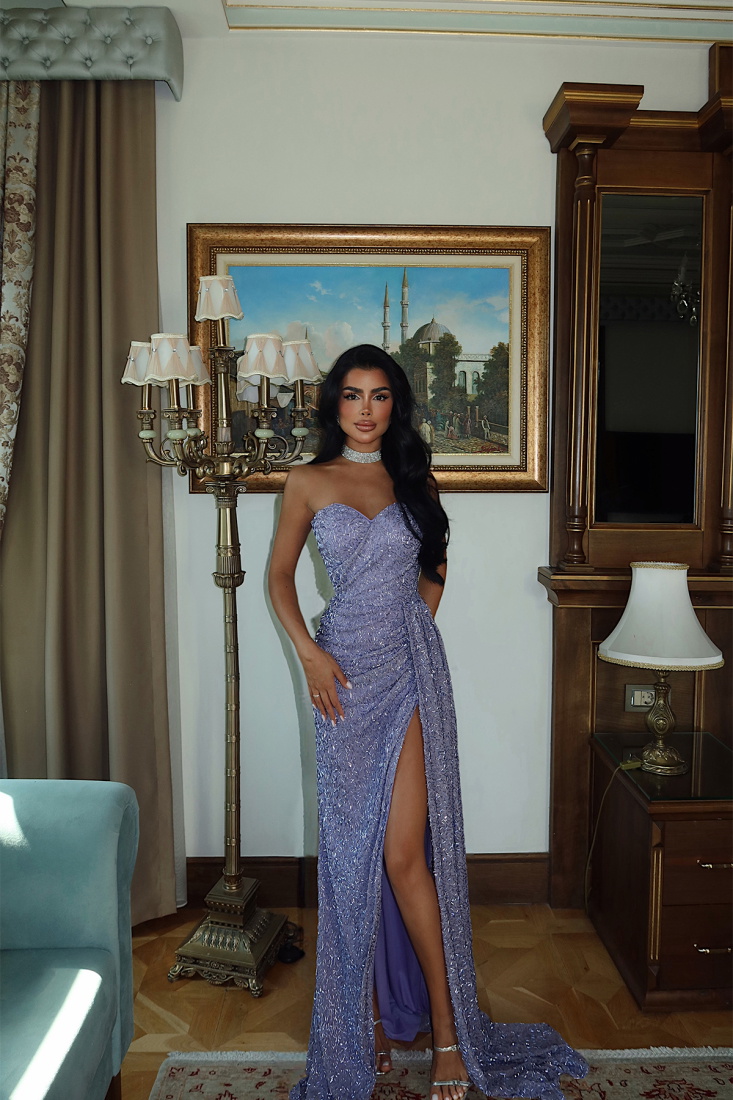 Mor Saladana Uzun Yırtmaçlı Elbise ATE-3280 - EYYO