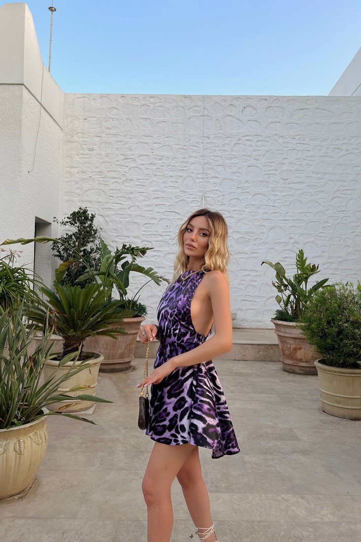 Mor Spring Leopar Desen Elbise ATE1633 - EYYO ATELIER